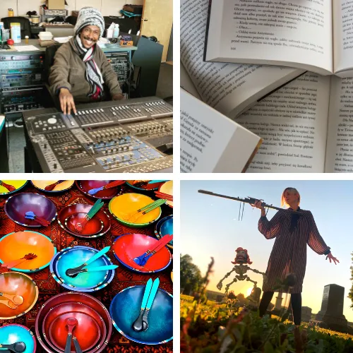 Creative work in action: a sound engineer, open books, colorful bowls, and a sculptural performance outdoors.