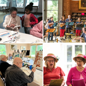 Elders making art: painting with children, playing music in a library, taking a painting lesson, and singing together.