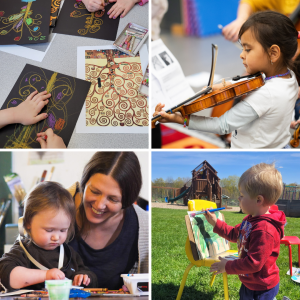 Young children creating: cray-pas trees, a violinist, a teacher with a student, painting in the playground.